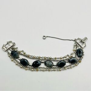 Vintage Silver tone Black art glass & faux pearl Bracelet 6”